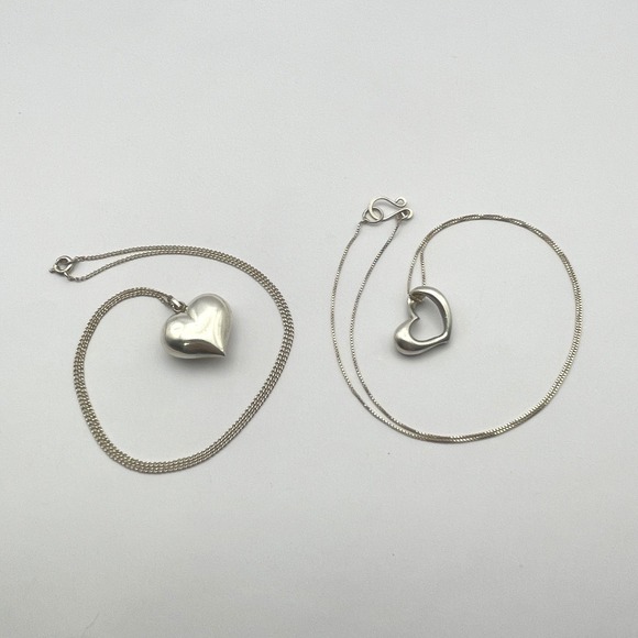 Set Sterling Silver Heart Necklaces Bundle Puffy Heart Hollow Heart Jewelry Set - Picture 9 of 12